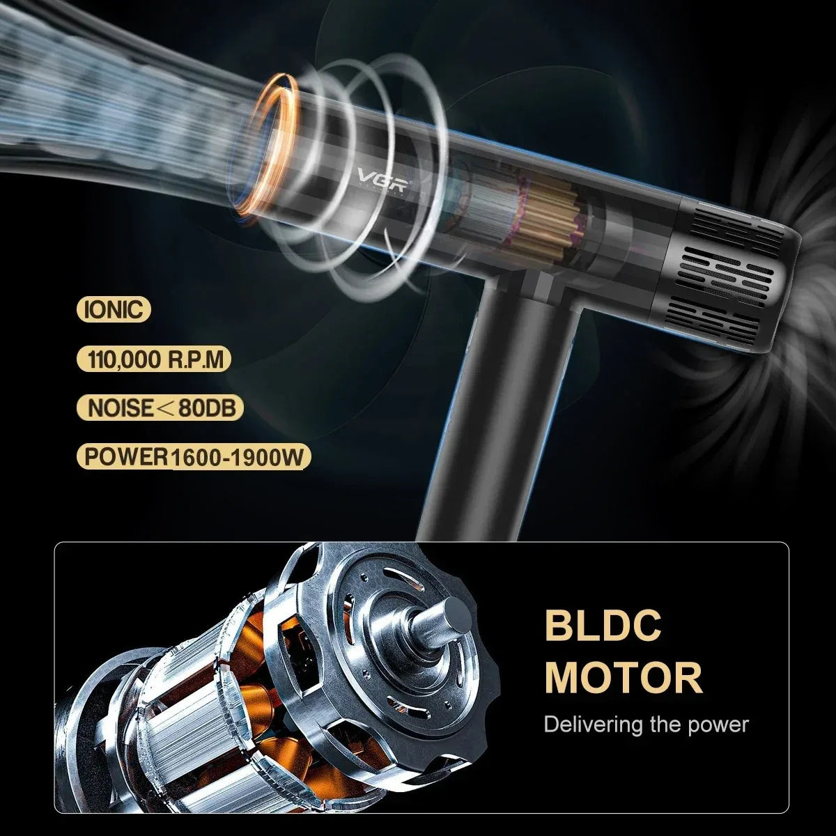VGR V-427 leafless professional hair dryer with 110,000 RPM BLDC motor, ionic technology, and powerful 1900W output.