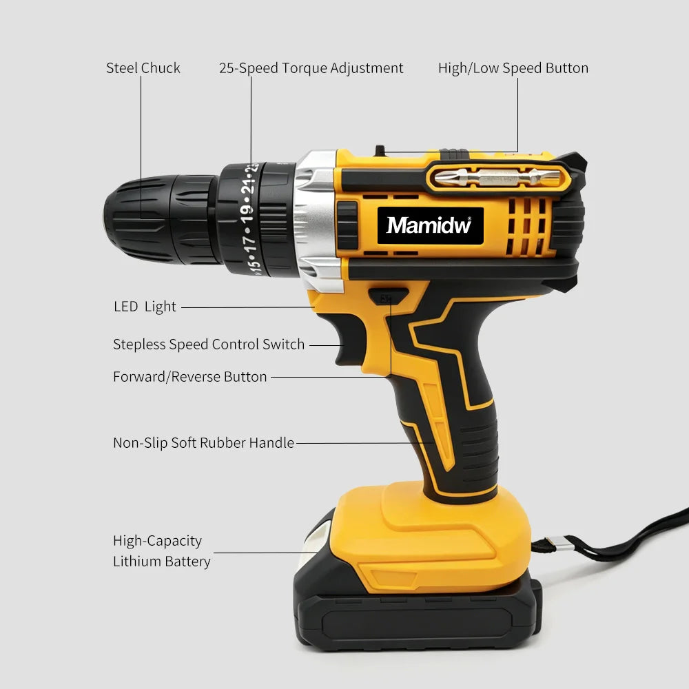 25+3 Torque Impact Drill Electric Screwdriver Cordless Electric Hammer Drill Driver 2 Gear Speed Lithium-Ion Battery Power Tool
