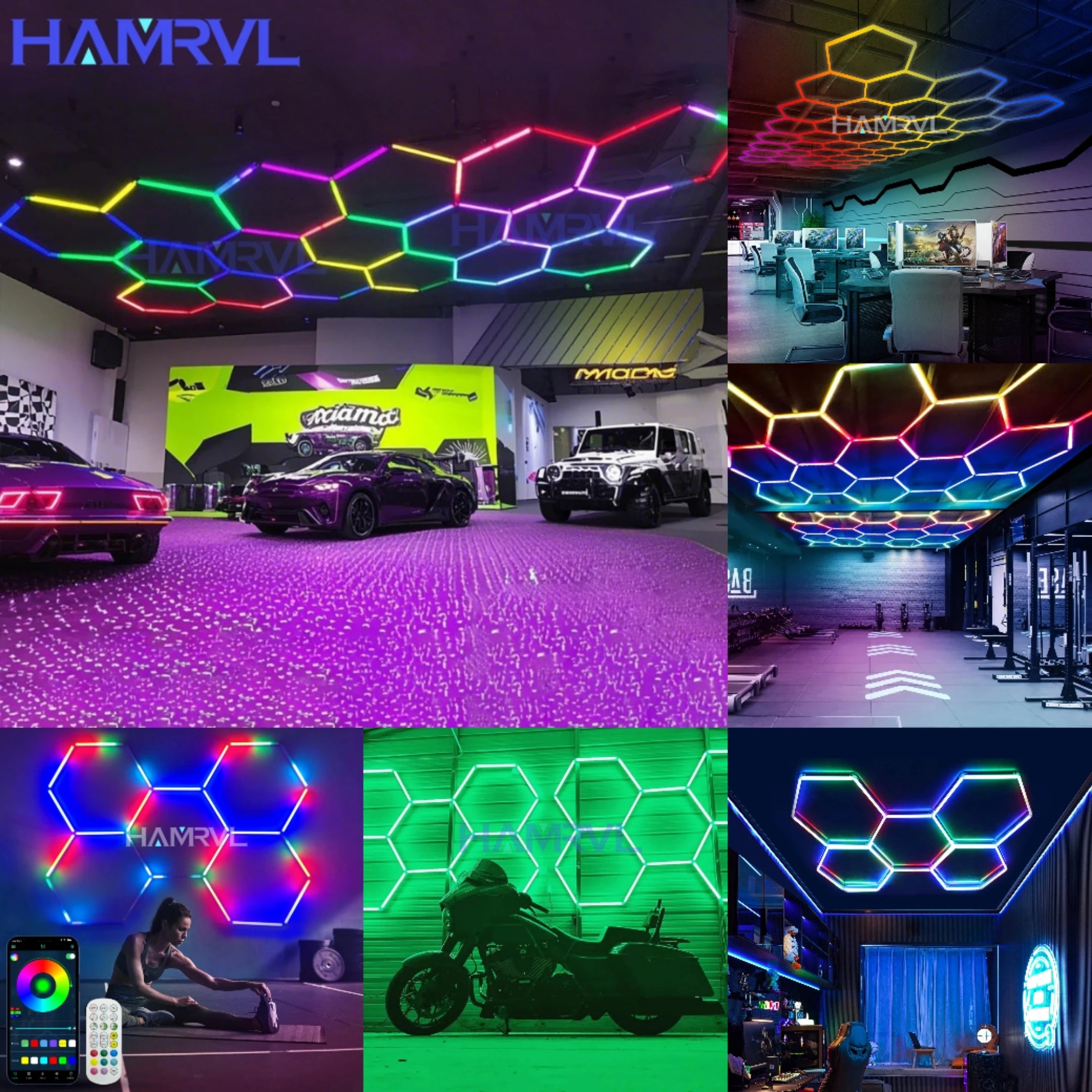 Garage Dimmable Hexagon LED Lighting RGB Color Change 3000-6000K Gym BarberShop Honeycomb Ceiling Lights Halloween Party Gaming
