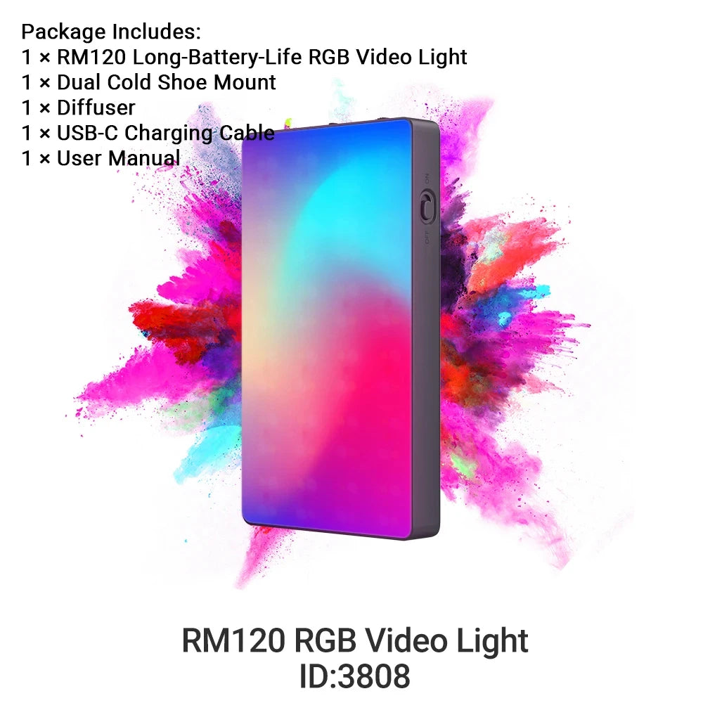 Rectangular RM120 RGB LED panel light with dark gray frame, emitting colorful lighting for video and photography.
