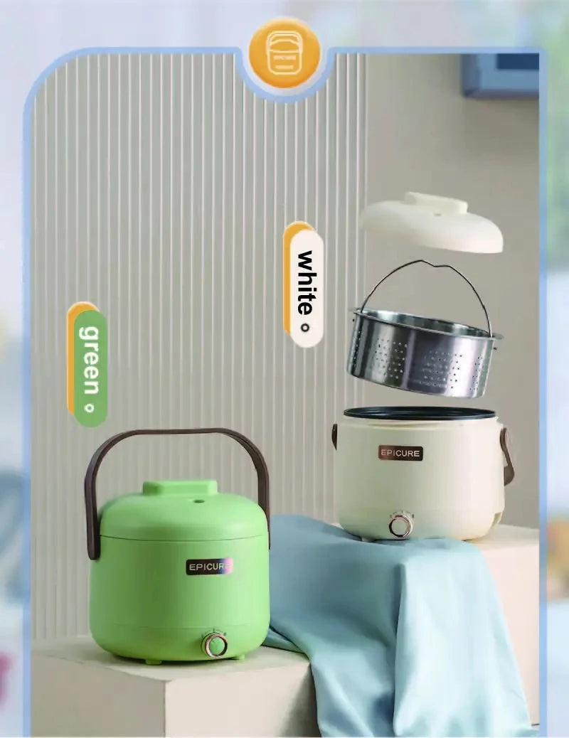 Green and white mini rice cooker set with carry handles, EPICURE