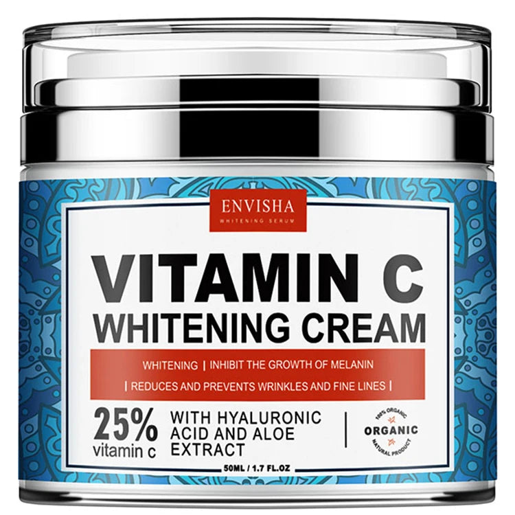 A jar of Envisha Vitamin C Whitening Cream with a blue patterned label and red accents against a white background.