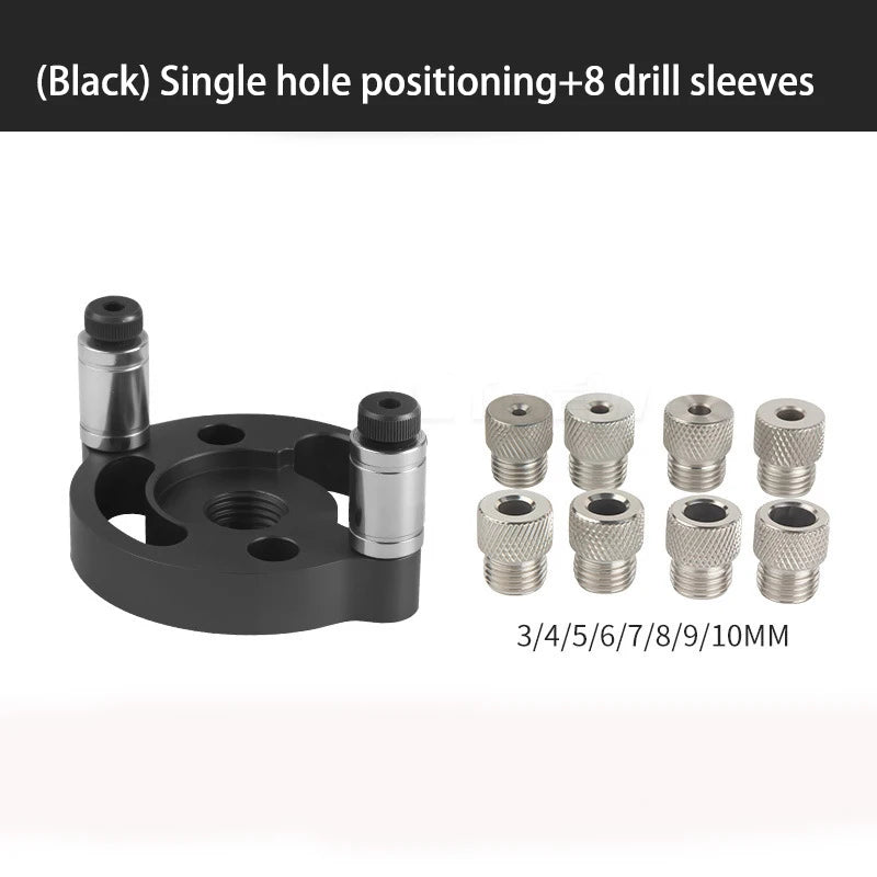 Black single-hole drill guide jig with multiple metal drill sleeves for dowel hole drilling