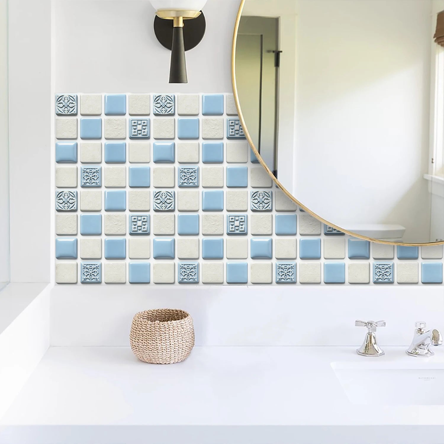 10pcs Flat Mosaic Tiles Sticker Set Kitchen Bathroom Wall Decals Gloss Waterproof Film 2D Surface Cover Transfers for Home Decor