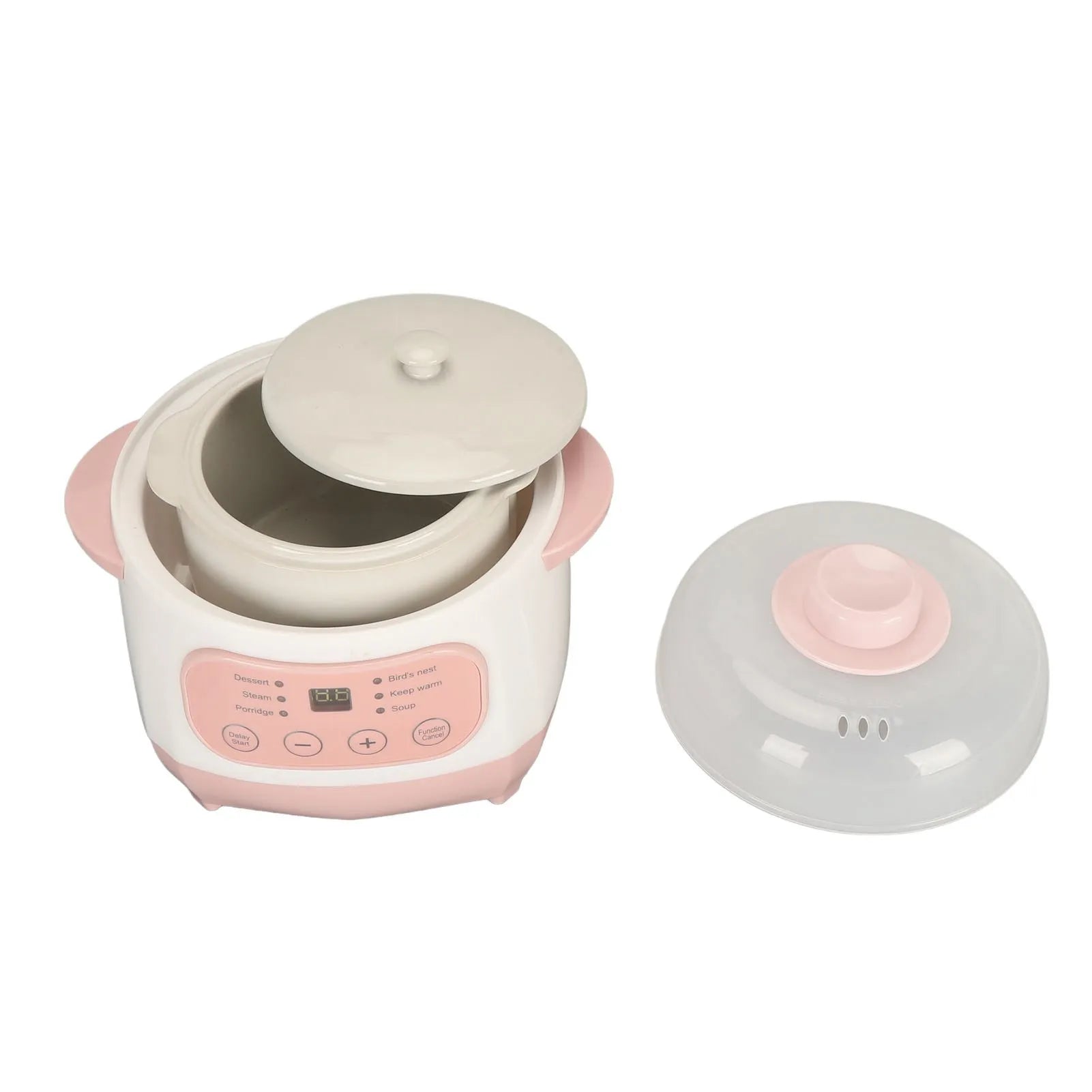 Pink mini electric rice cooker with open lid, inner pot, and separate inner lid