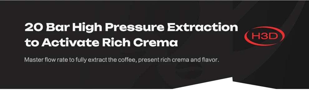 H3D espresso machine marketing graphic highlighting 20 bar high-pressure extraction for rich coffee crema.