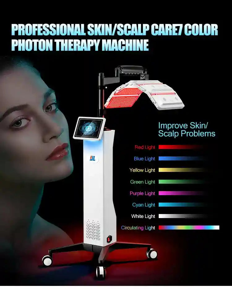 7-color LED photon therapy machine for skin and scalp care with an adjustable white light panel and a wheeled base.