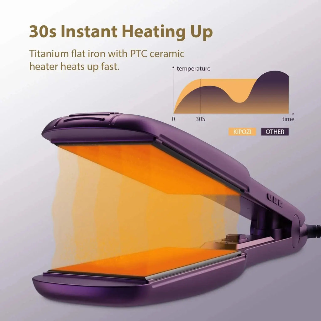 Purple KIPOZI titanium flat iron hair straightener showing 30s instant heat-up technology with PTC ceramic heating.