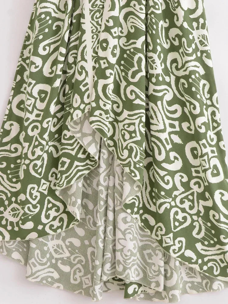 Vintage Women Geometric Print Backless Sexy Beach Bohemian Maxi Dress Lady High-Low Tassel Strapless Vacation Summer Boho Dress