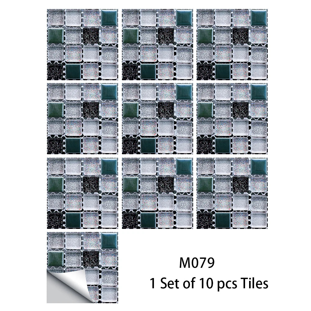 Glossy silver mosaic tile sticker set of 10 pcs, teal and dark square tiles