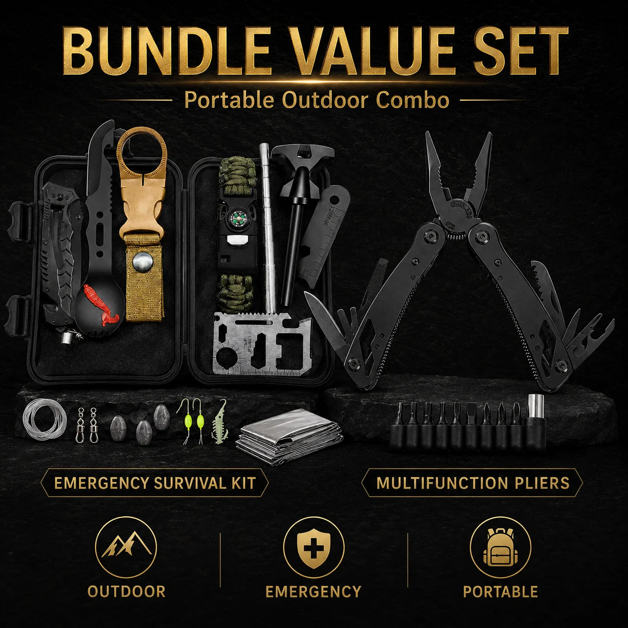 Portable 2PCS Multitool Combo Set, Emergency Survival Kit and Folding Pliers Tool with Bit Set, Outdoor Repair Gear for Camping, Hiking, Backpacking and Home Maintenance