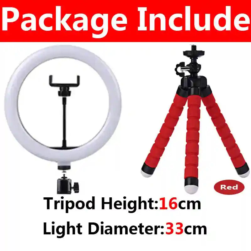 33cm circular LED ring light with phone mount and 16cm flexible red foam tripod for photography and video streaming.