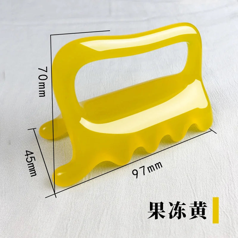 Yellow resin gua sha massage tool with handle, 97x70x45mm, designed for deep tissue muscle relief and scraping therapy.