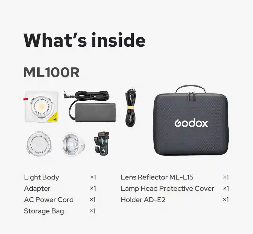 ML100R lighting kit contents: round light, reflector, power adapter, power cord, mounting holder, and black storage bag.