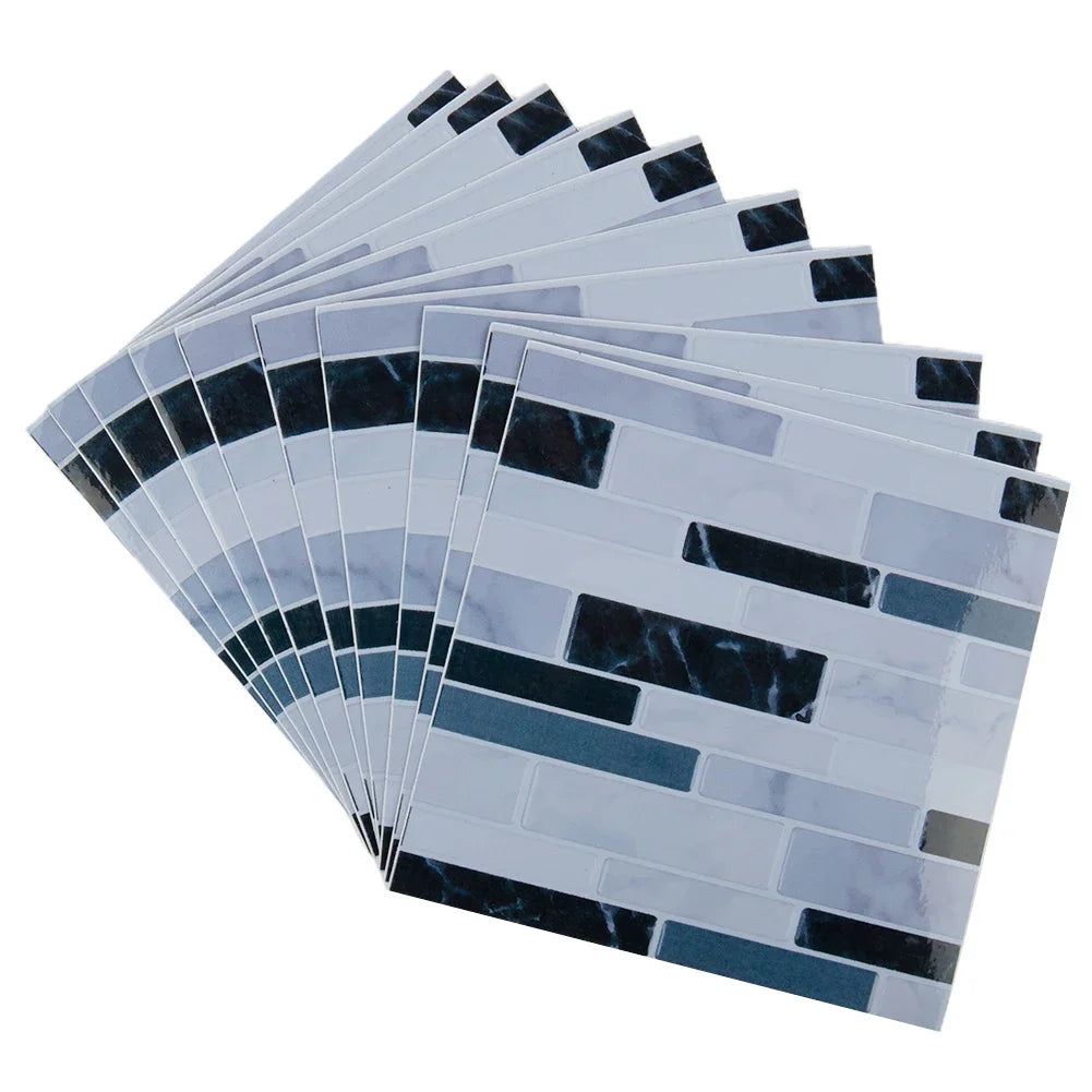 Stack of self-adhesive 3D tile wall sticker sheets, blue and gray brick pattern