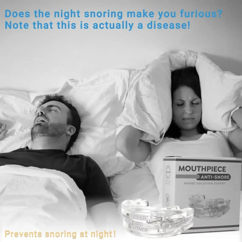 Clear anti-snoring mouthpiece for sleep apnea relief, shown with product box on bed, helping to stop night snoring.