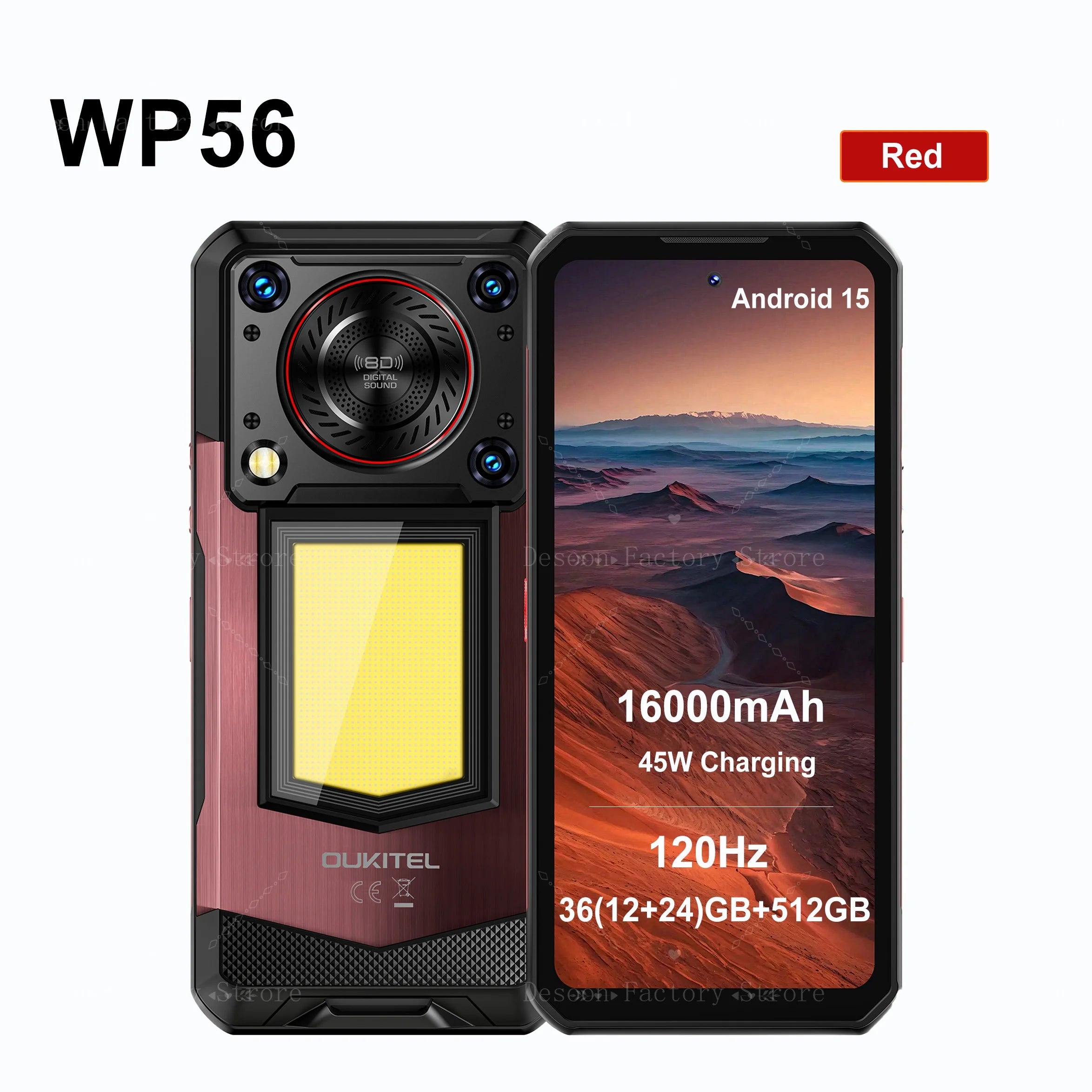 Oukitel WP56 red rugged smartphone, 16000mAh, 12GB+512GB, 120Hz display, 45W charging, front and back view.