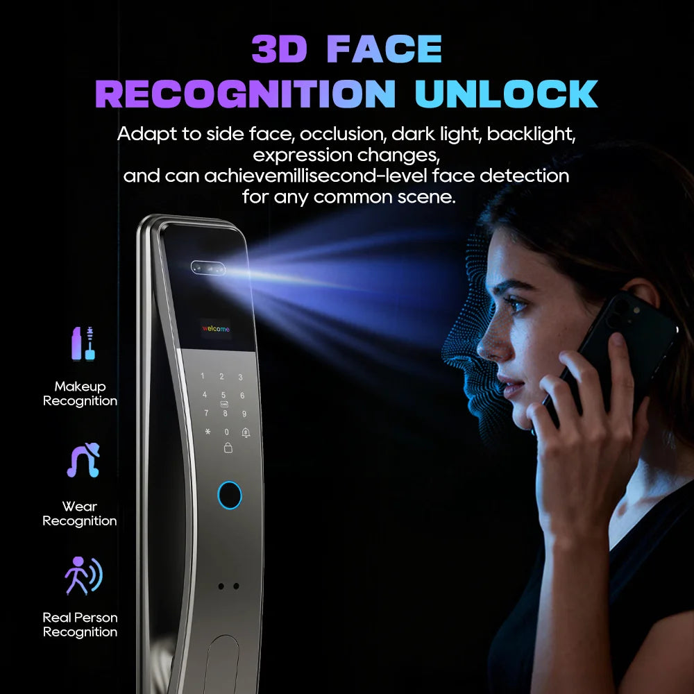3D Face Recognition Fingerprint Password Smart Door Lock With Camera FIngerprint Password Unlock Keyless Electronic Door Lock