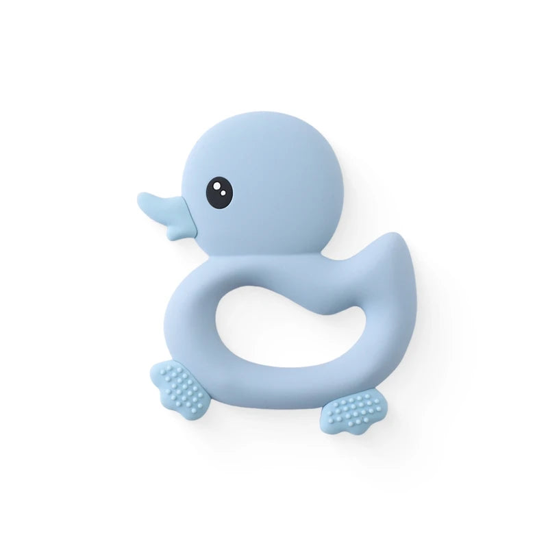 Blue duck teething toy made of soft silicone for baby teething relief.
