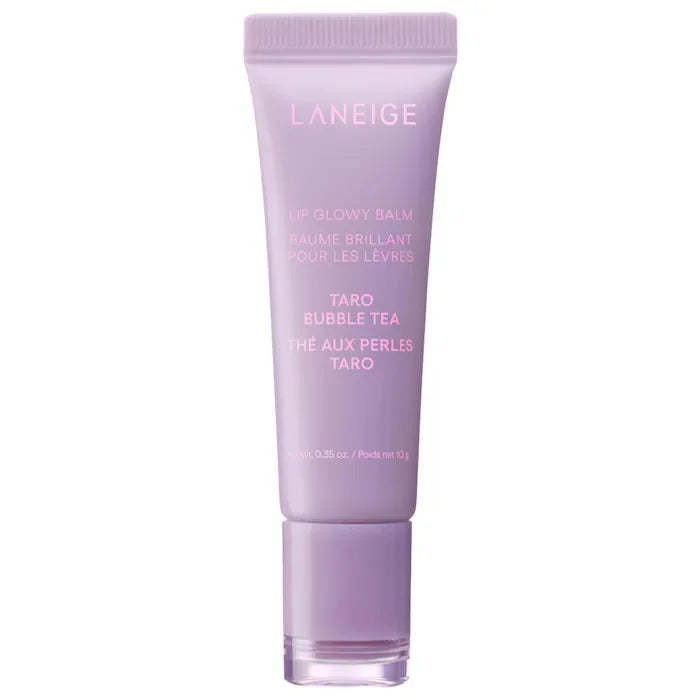 Laneige Lip Glowy Balm in Taro Bubble Tea, a lavender-hued moisturizing lip treatment in a squeeze tube.