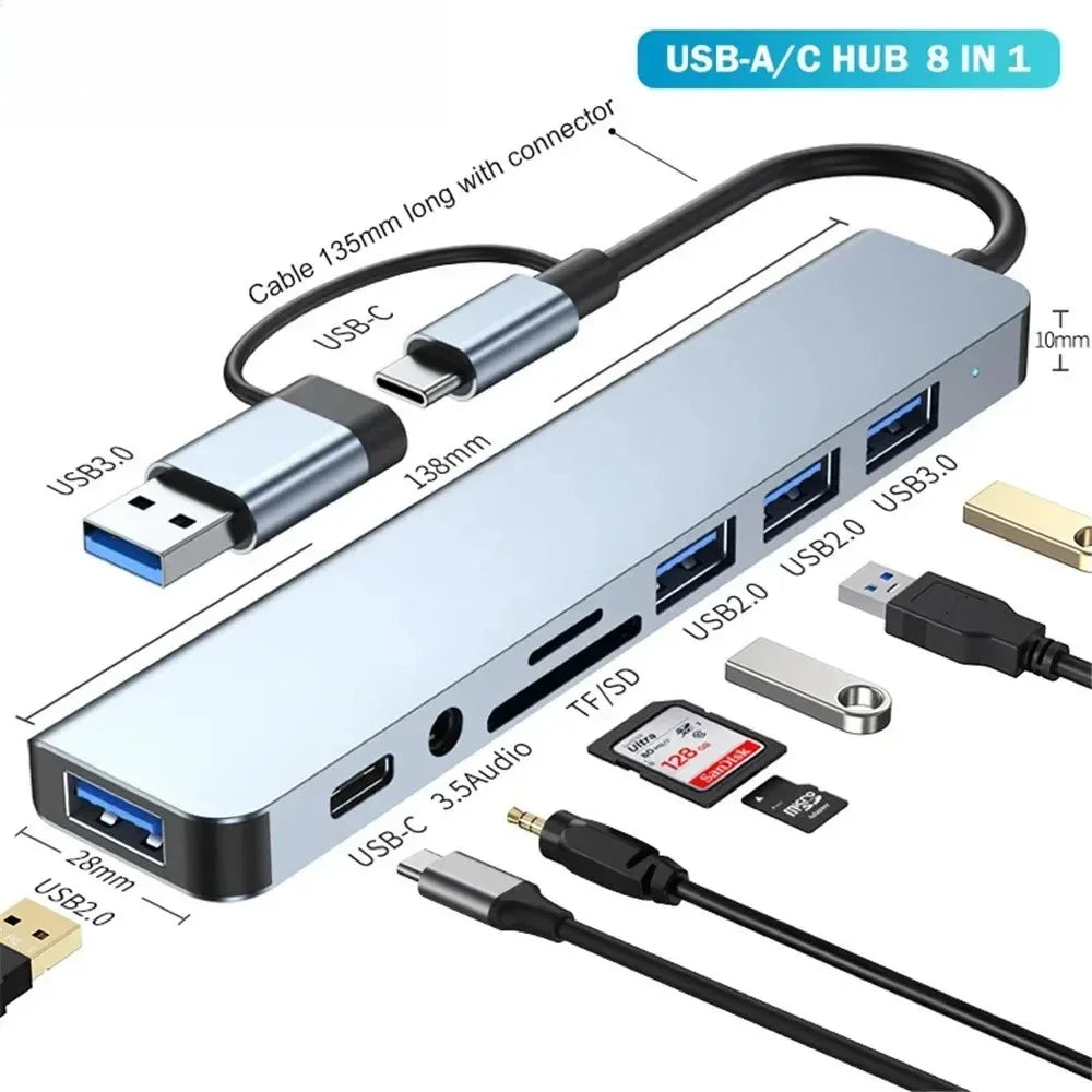 USB C Hub 8-in-1 Adapter - Fast Data Transfer & Power Delivery Grey Tidesmit