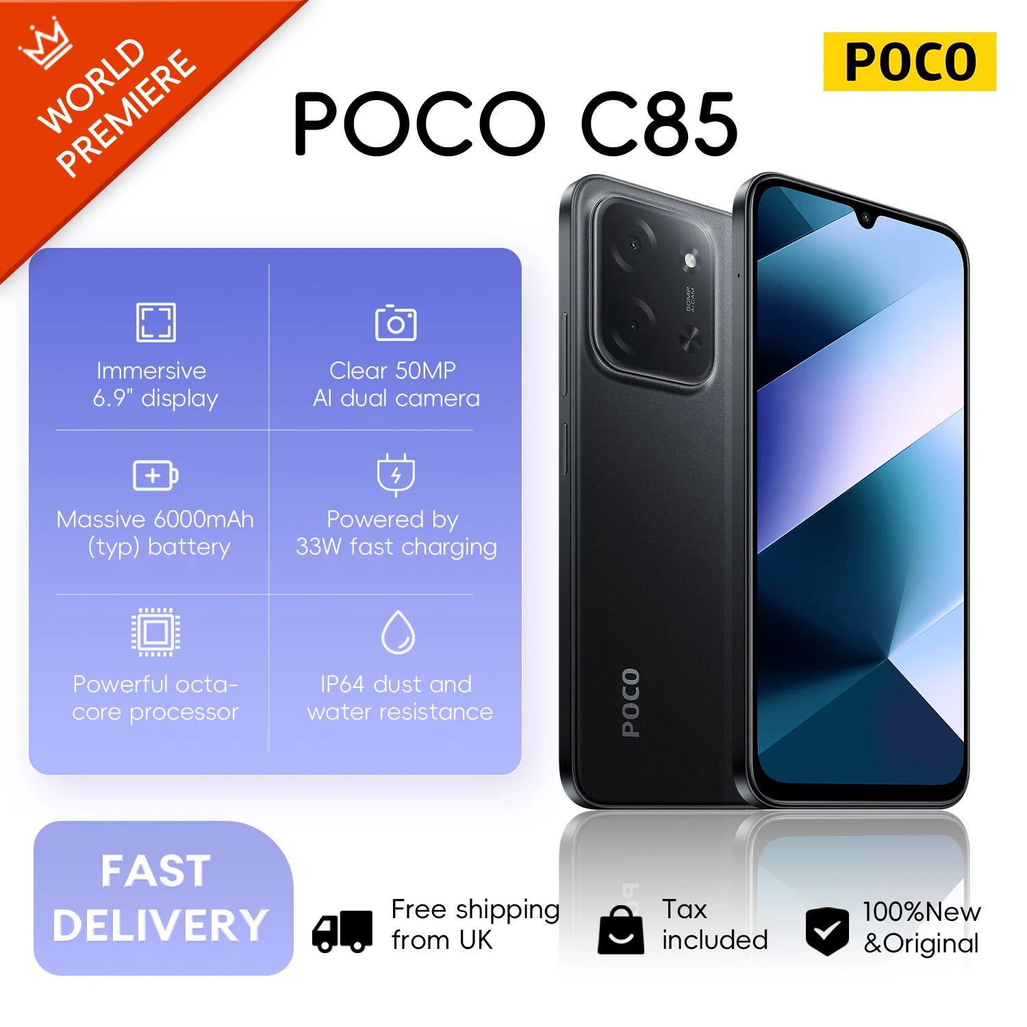 POCO C85 4G 6+128GB Global Version 6.9“ 120Hz Dot Drop Display MediaTek Helio G81-Ultra 50MP Main Camera 6000mAh 33W NFC IP64