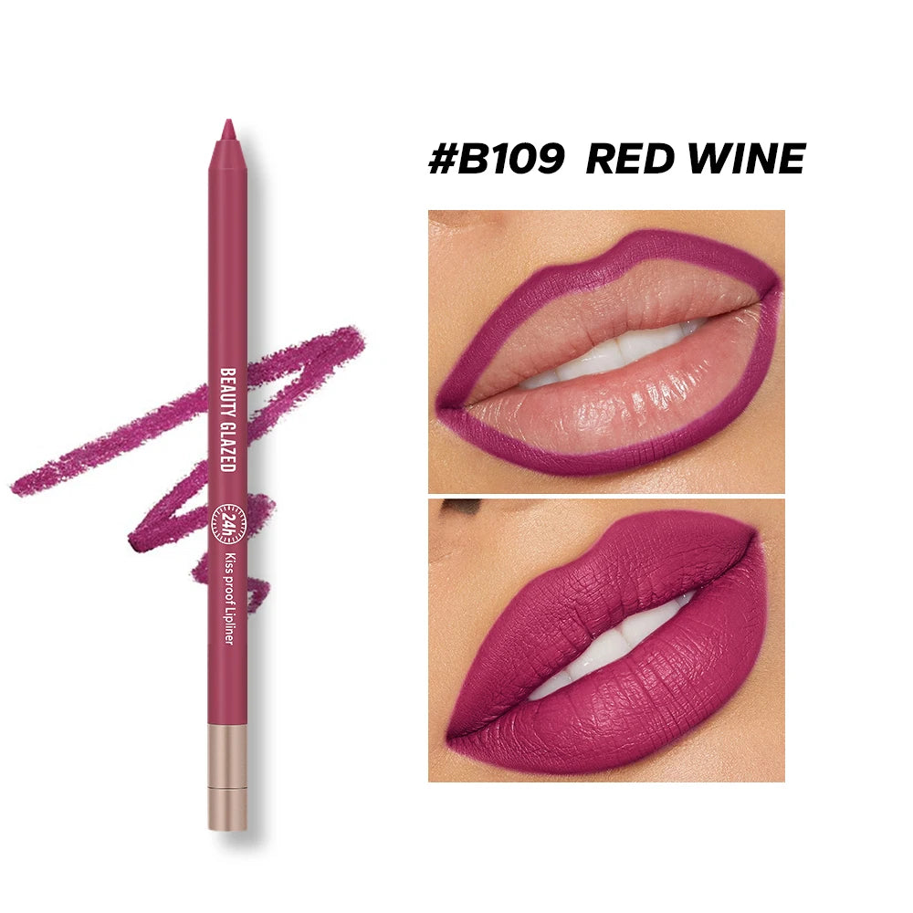 Waterproof matte lip liner in Red Wine shade with swatch and model application for long-lasting plumping lip makeup.