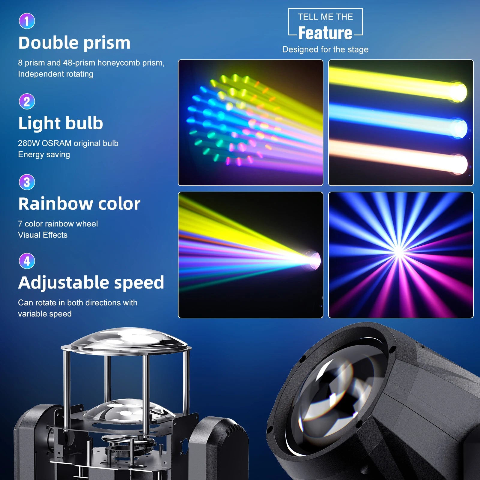 Moving head light feature panel showing double prism, rainbow color and adjustable speed