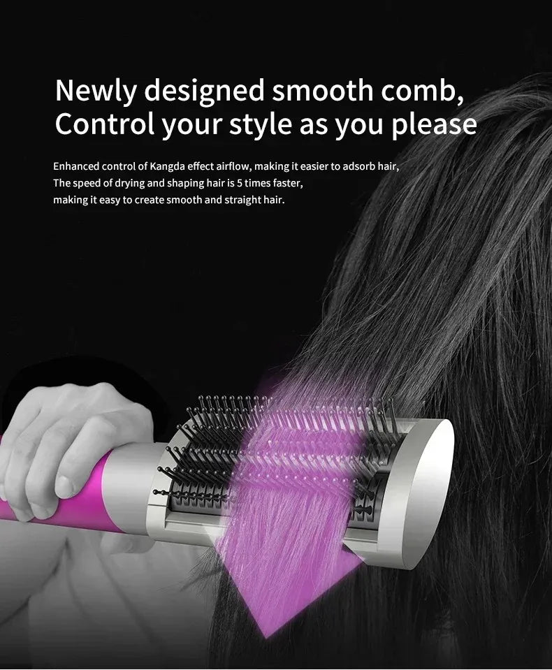 SenCiciMen 6-in-1 pink hot air brush styling hair with a smooth, professional comb attachment for straight, sleek hair.