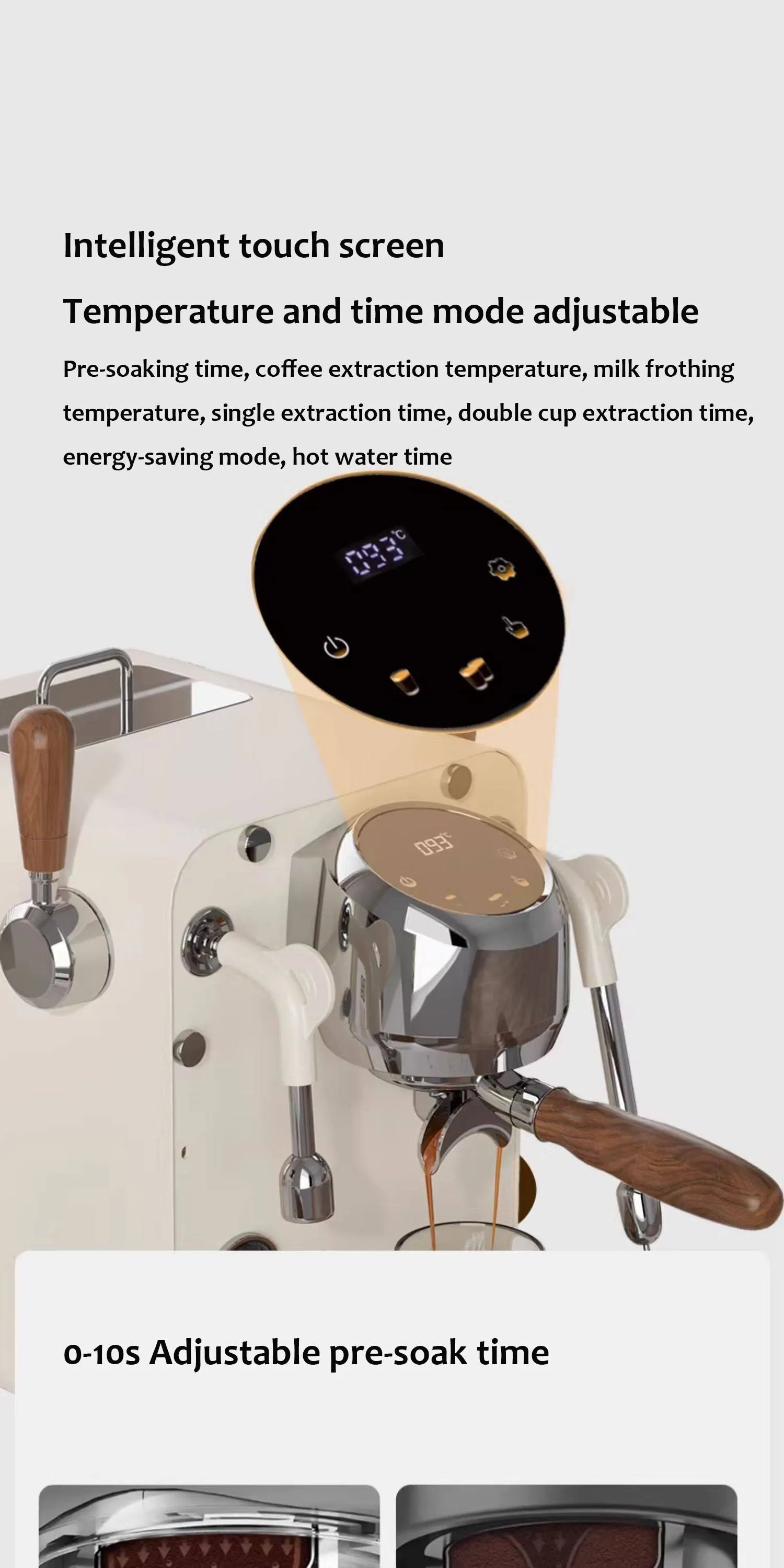 Cream white espresso machine with wood-accent portafilter, chrome group head, and digital intelligent touch screen.