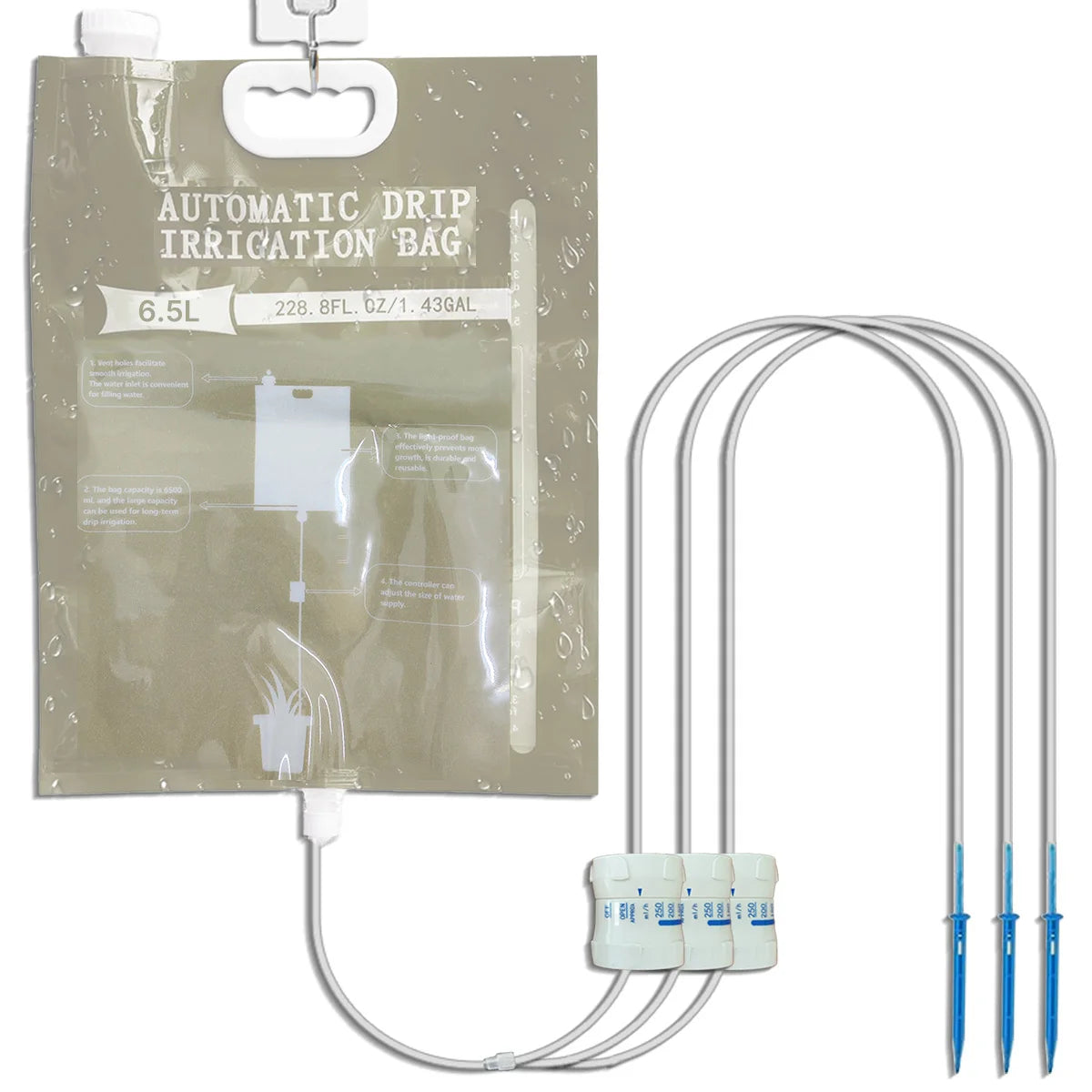 Automatic drip irrigation watering bag set with tubing and two blue drip stakes