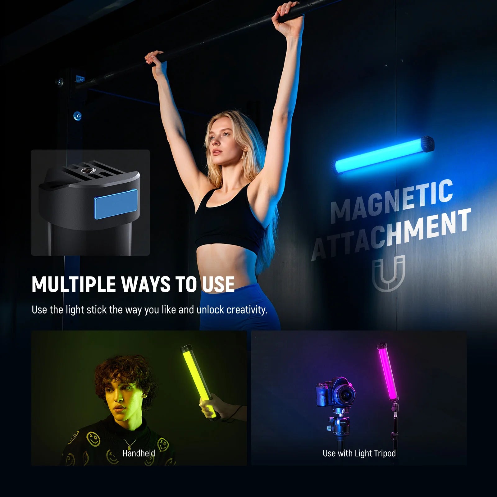 RGB LED light stick with magnetic mount. Used handheld or on a tripod for photography and video lighting.