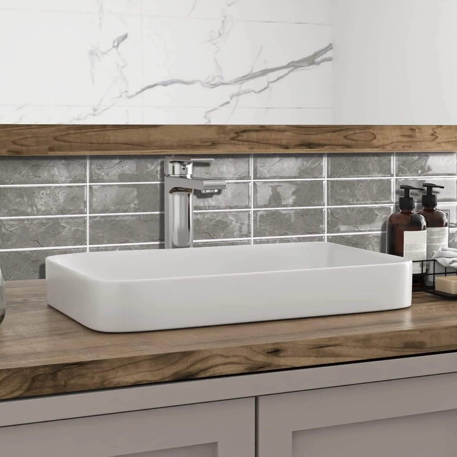 Grey Marble 3D Self Adhesive Wall Tile Stickers 30×15cm Waterproof Peel Stick Backsplash Tiles for Kitchen Bathroom Decor