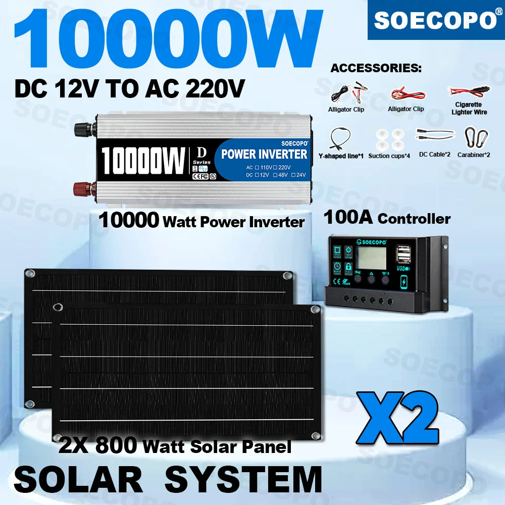 SOECOPO 10000W Solar Power Full Kit DC 12V - AC 110V 220V Inverter 100A Controller 2*600W Panels for Home System Camping