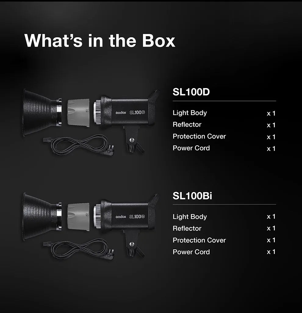 SL100D and SL100Bi LED lights with black bodies, reflectors, protective covers, and power cords shown as kit contents.