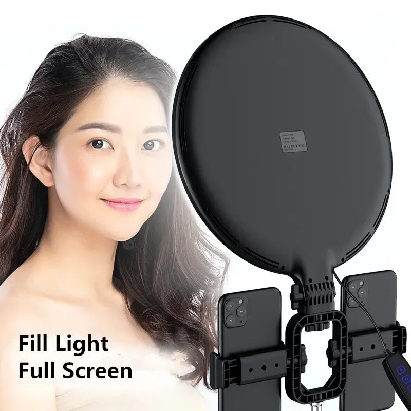 Black circular ring light with two phone mounts for smartphone photography and video recording.