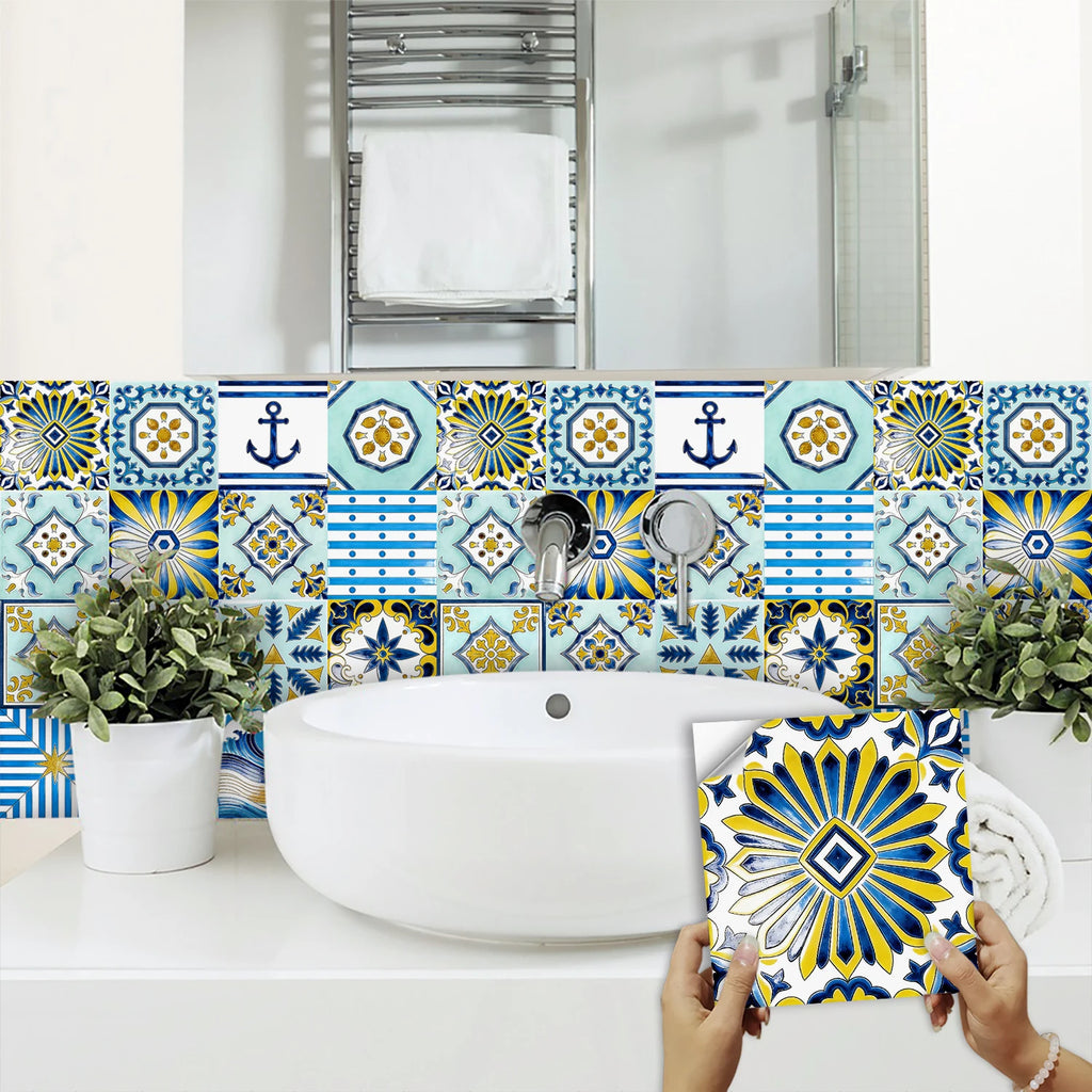 16pcs Portuguese Azulejo Tile Decals - Blue Yellow Floral Geometric Self-Adhesive Wall Stickers for Home Decor