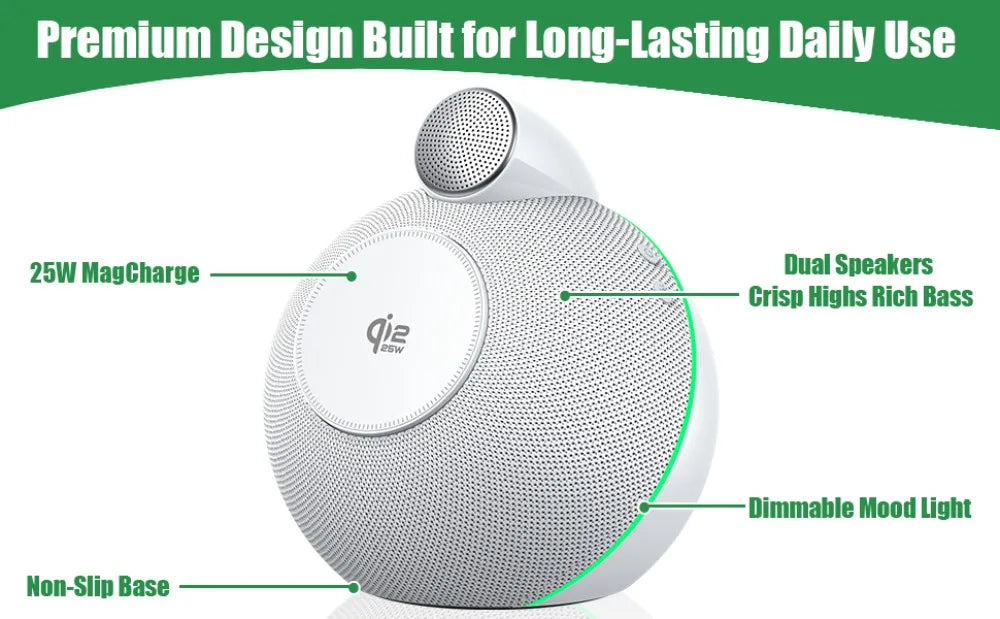Bluetooth 5.3 Hi-Fi Speakers & Soft Ambient Lights 4-in-1 Qi2.2 25W Magnetic Wireless Charger for iPhone Apple Watch Airpods Pro