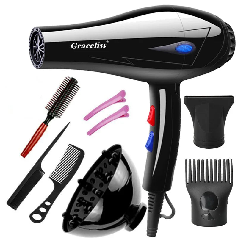 Black Graceliss professional hair dryer with EU plug, attachments, combs, and clips for salon and home styling.