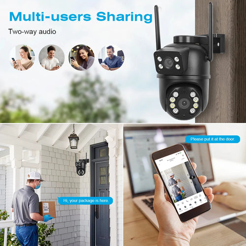 Black PTZ WiFi security camera mounted on wall with dual-lens array and two antennas