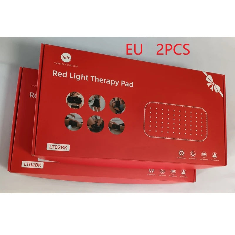 Red boxes for portable infrared LED red light therapy belt with 660nm and 850nm wavelengths for back and waist pain.