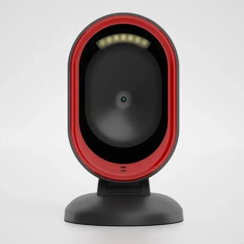 Red-and-black desktop barcode scanner with glowing ring, front view on stand