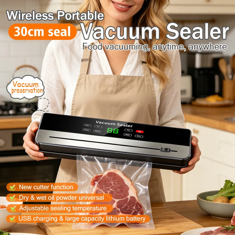 Portable Vacuum Sealer with Strong Suction & USB Wireless Charging | Dry/Wet Food Sealing for Kitchen