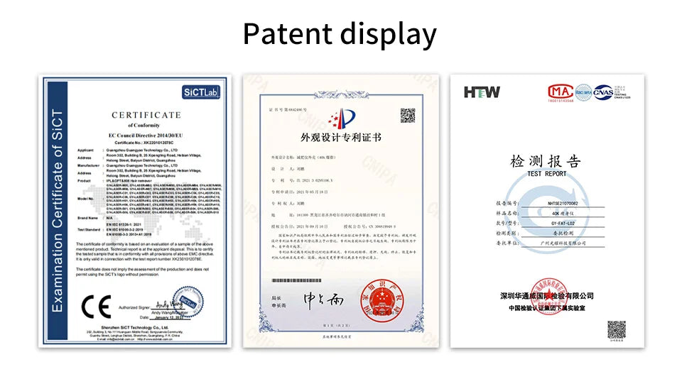 LED light therapy mask patent certificates, safety and quality test reports for beauty skin rejuvenation devices.