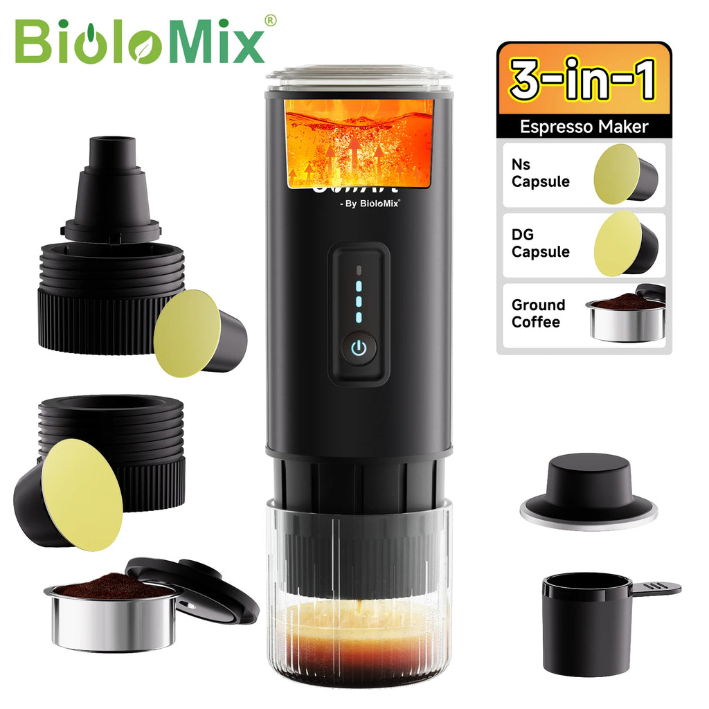 BioloMix portable 3-in-1 espresso maker in black for Ns and DG capsules or ground coffee with clear water tank.