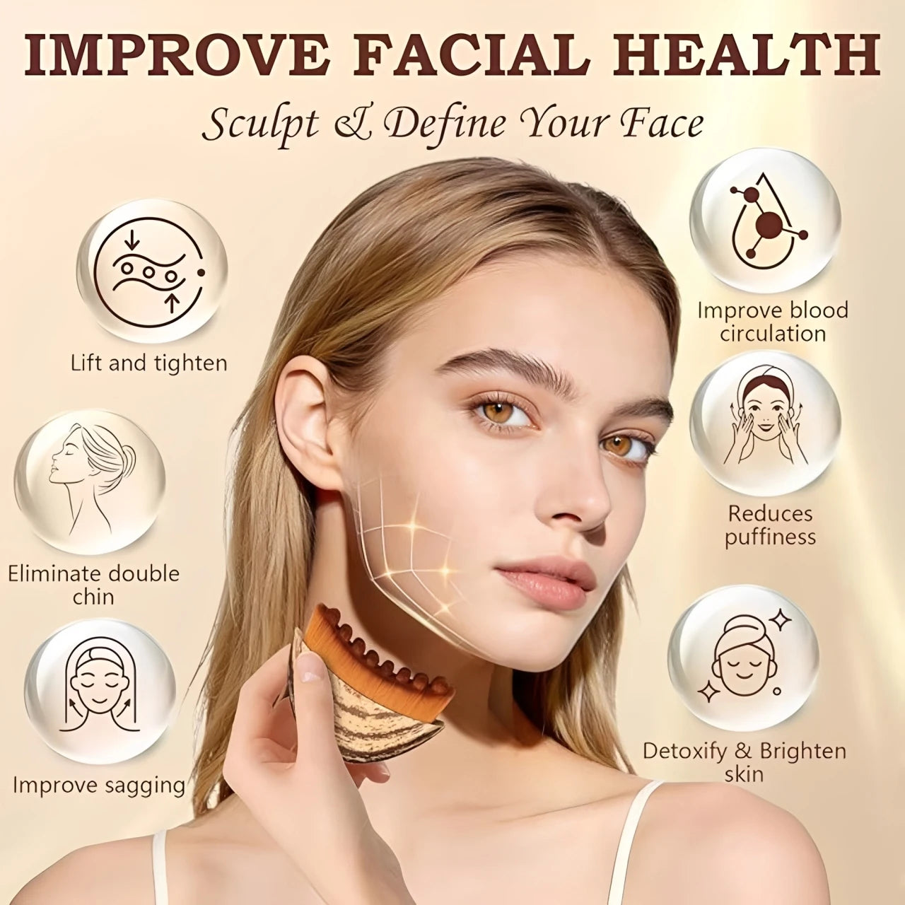 A person uses a curved, brown and tan ergonomic lymphatic contour face brush on their jawline. Infographic overlay.