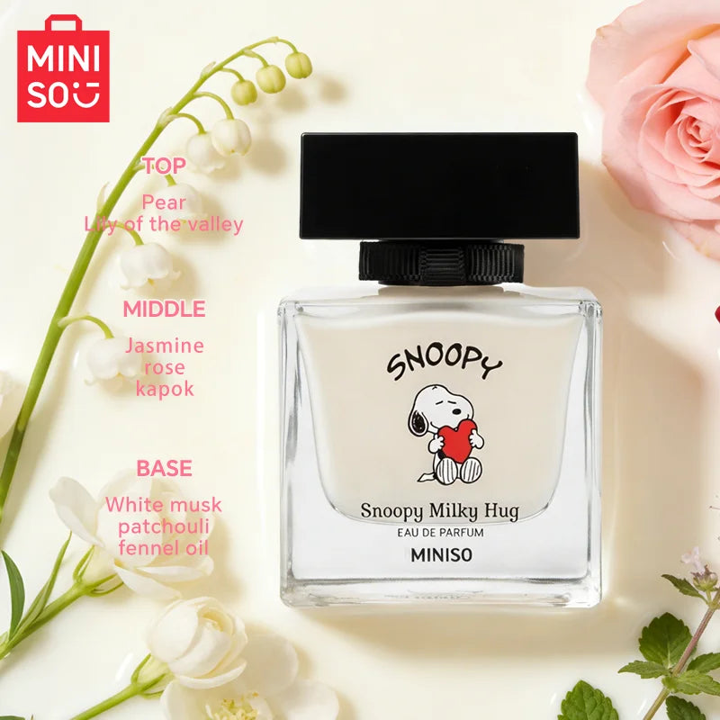 MINISO Snoopy Milky Hug EDP: Floral 50ml women’s perfume with pear, jasmine & musk in a square glass bottle.