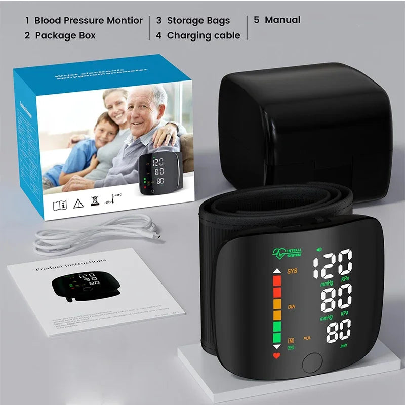Wrist Blood Pressure Monitor LED Rechargeable English Voice Broadcast Tonometer BP Monitor Forehead Digital Thermometer