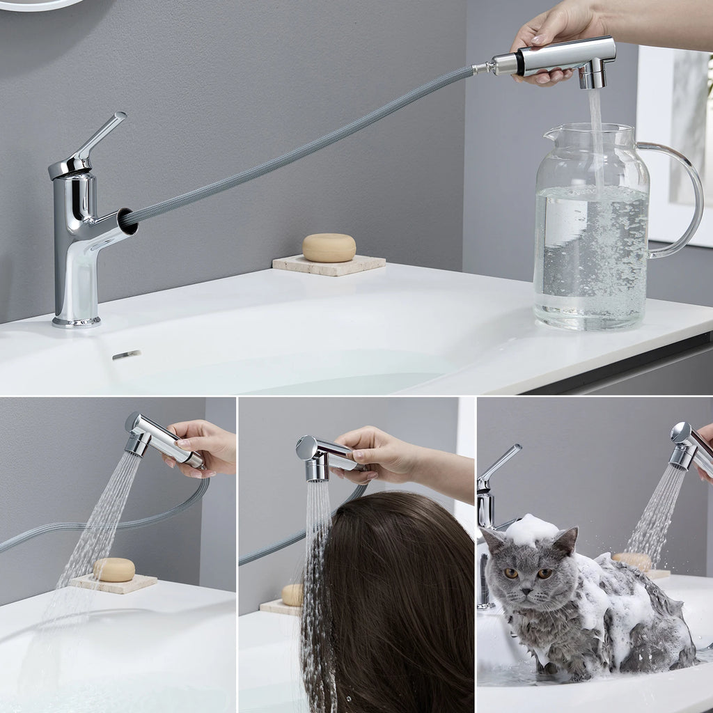 Sink faucet and 20.2cm tall sink basin, chrome-plated mixer for the sink with a shower, modern design