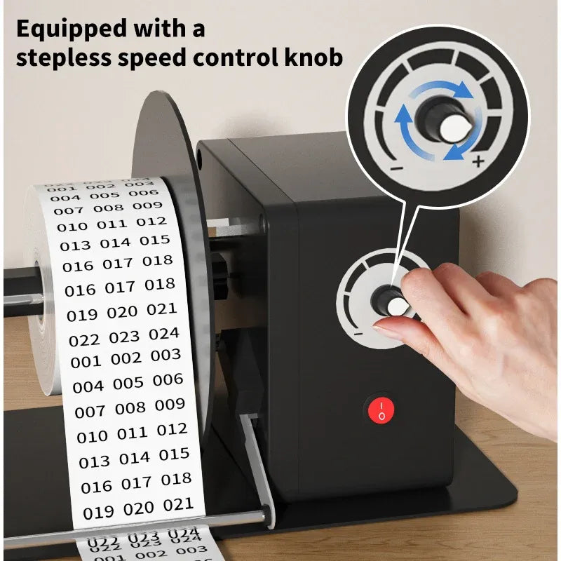 Label rewinder showing speed control knob and adjustable core guide